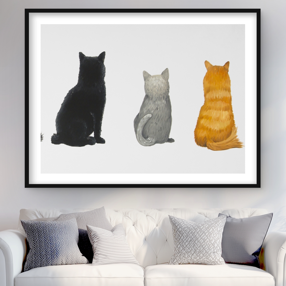 C1FM3648Y20O45 36 x 48 in. Six Cats Lined Up Back View - Framed Matted Print for Decor
