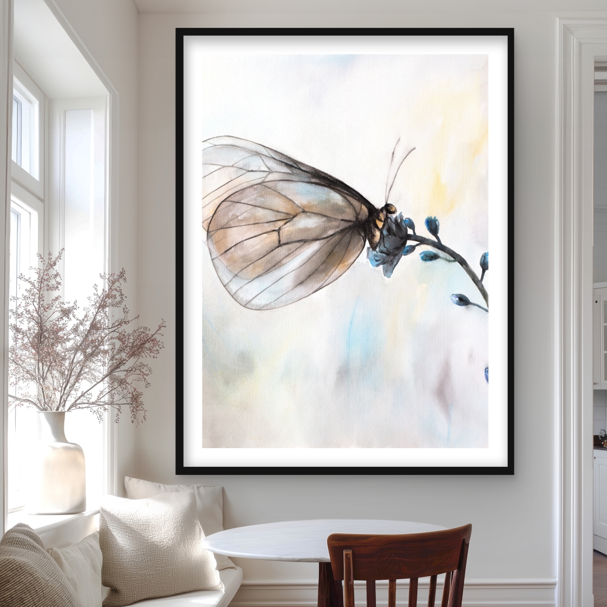 C1FM3648YY1KFD 36 x 48 in. Butterfly on Blue Flowers - Framed Matted Print for Decor