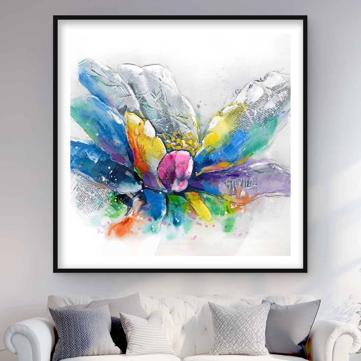 C1FM4848MNJMUN 48 x 48 in. Abstract Flower with  spaper - Framed Botanical Print