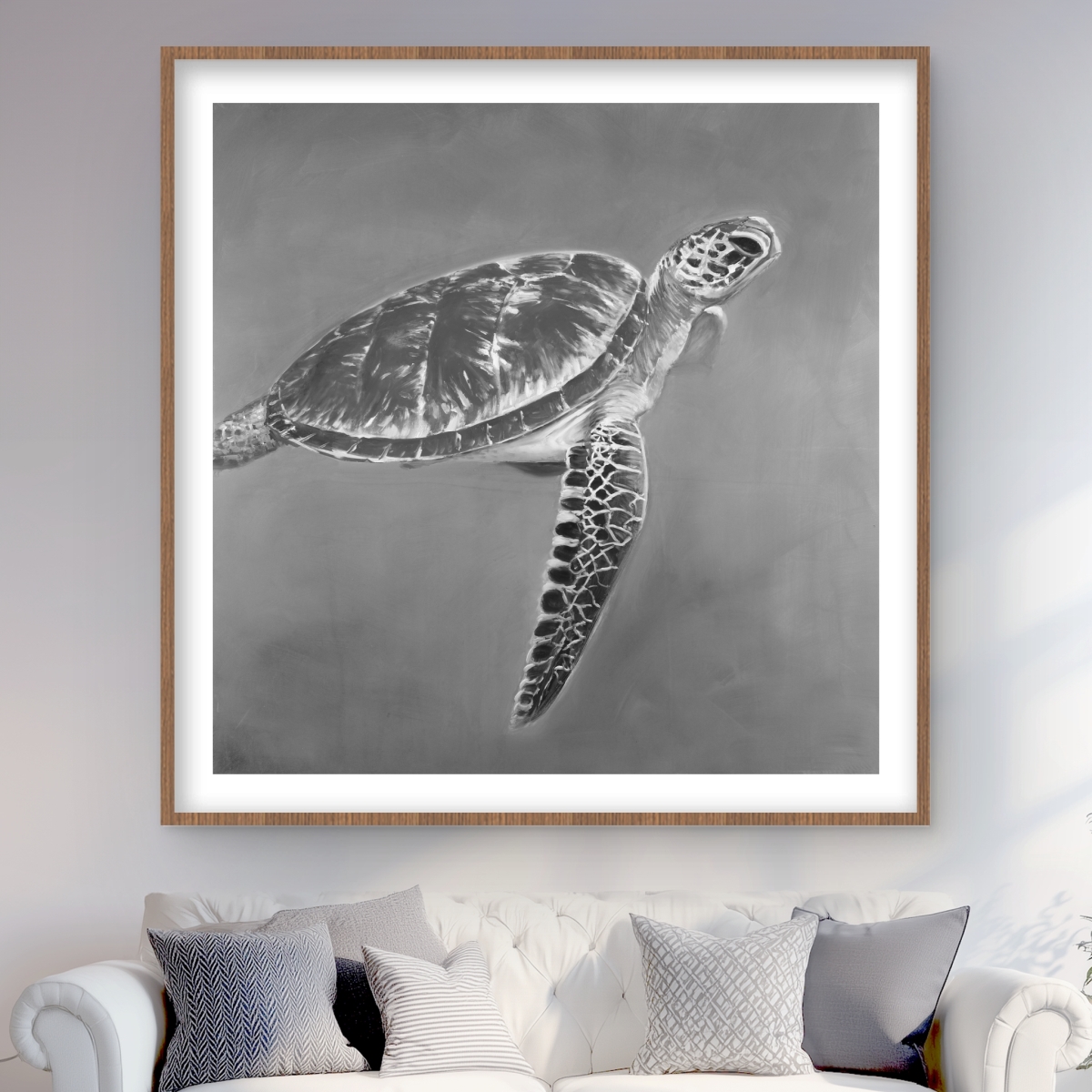 C1FM4848UKVUGW 48 x 48 in. Grayscale Aquatic Turtle - Exotic Framed Matted Print Decor