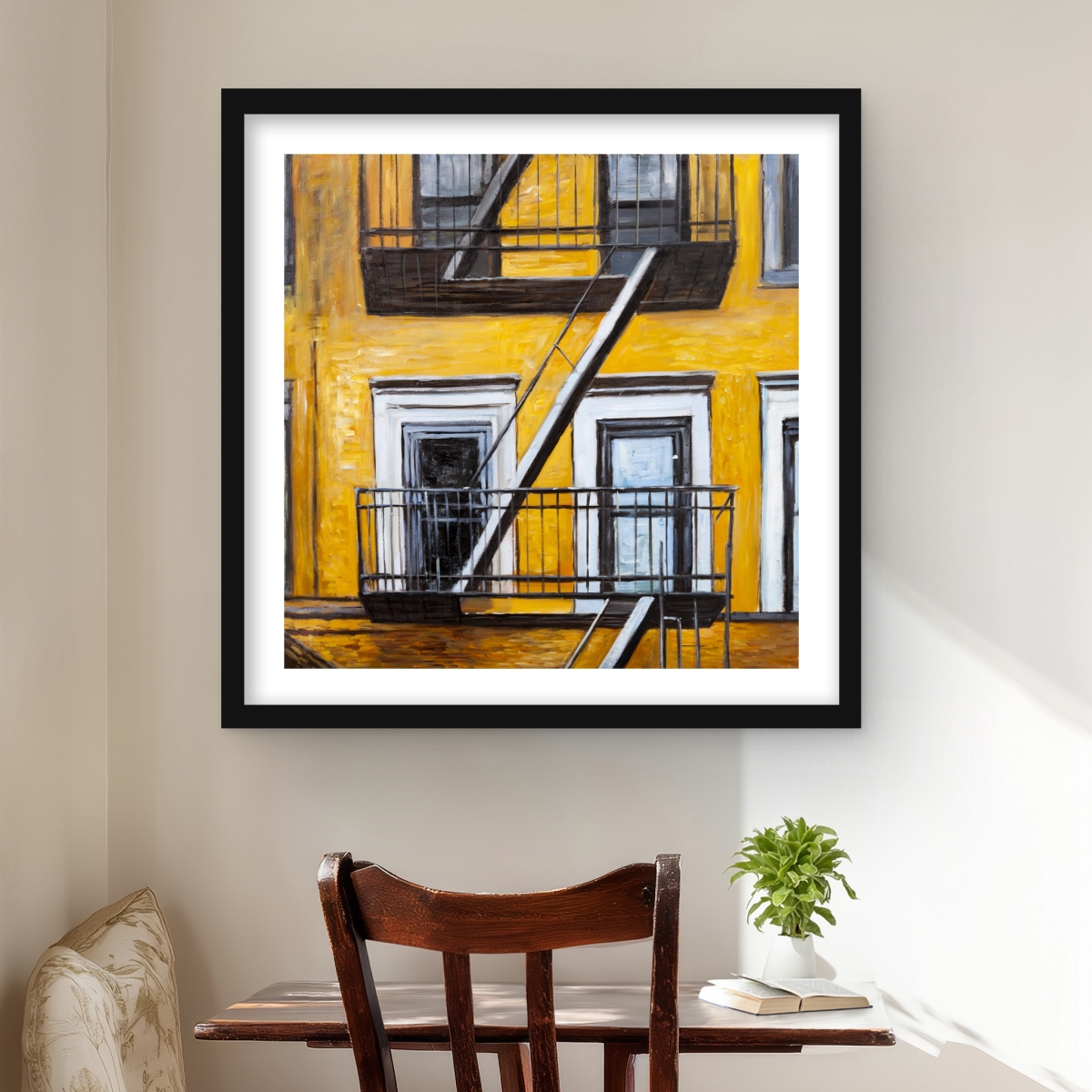 C1FM2424BKDGCP 24 x 24 in. Building Old Fire Escape - Black Framed Matted Print Decor