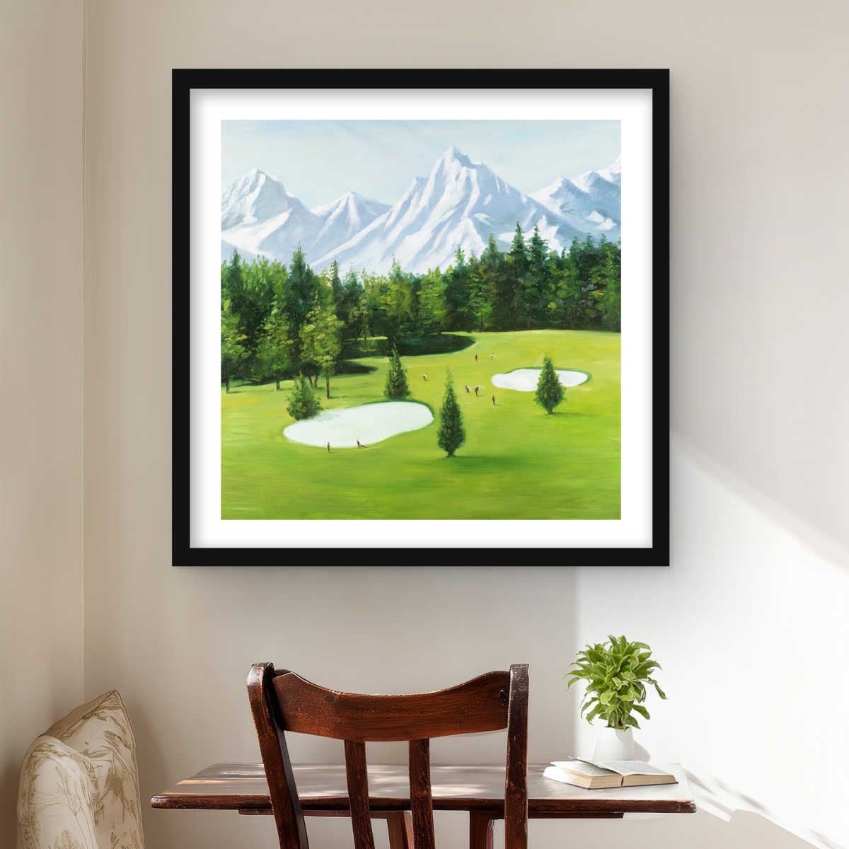 C1FM2424DW711G 24 x 24 in. Golf Course with Mountains View - White Hobbies Framed Print
