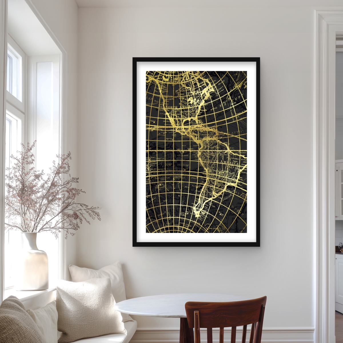 C1FM2436QX4HL4 24 x 36 in. Black & Marine World Map Globe - Framed Matted Print Decor