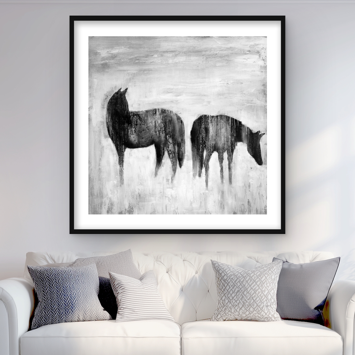 C1FM3636JVTSK0 36 x 36 in. Horses Silhouettes in the Mist - Black Modern Framed Print