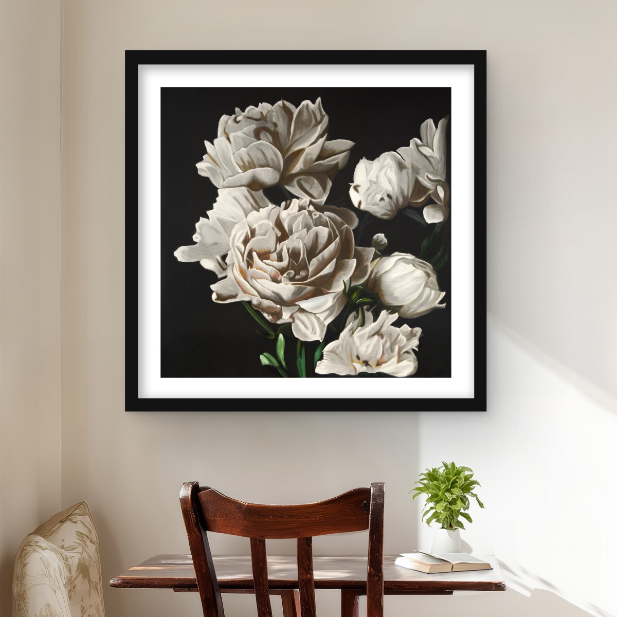 C1FM24242IGDWF 24 x 24 in. Beige Peonies - Romantic Office Framed Matted Print Decor