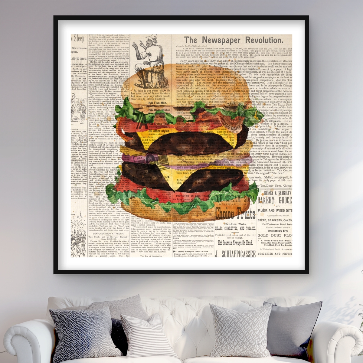 C1FM4848HT5B2L 48 x 48 in. Vintage Style Double Cheeseburger Print - Beige Framed Decor