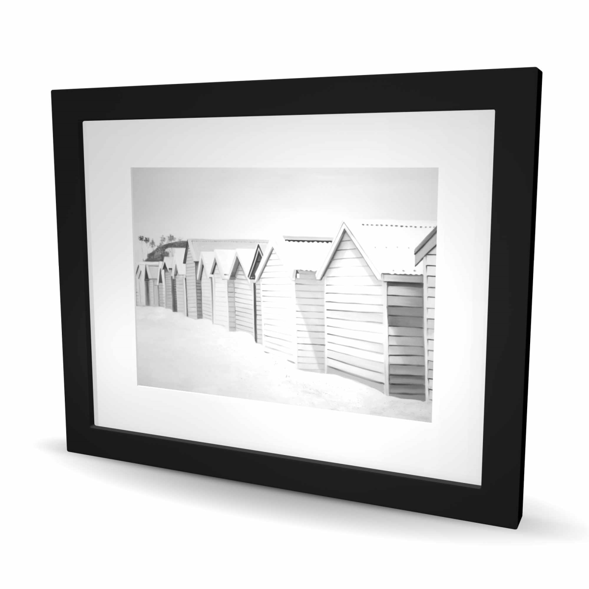 C1FM16207B5RSD 16 x 20 in. Beach Cabins - Monochrome White Framed Matted Print Decor