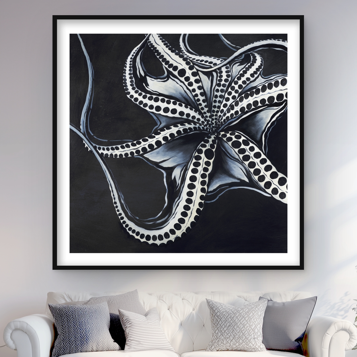 C1FM4848BZN7TB 48 x 48 in. Octopus Tentacle - Blue Bathroom Framed Matted Print Decor
