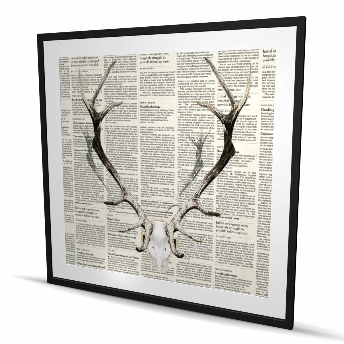 C1FM48484KHHEB 48 x 48 in. Deer Horns on  spaper - Rustic Framed Matted Print Decor