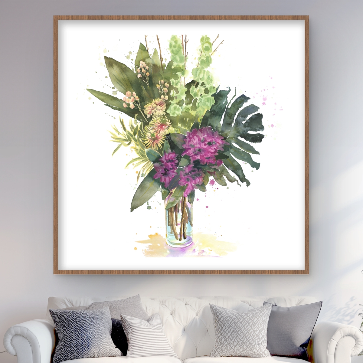 C1FM48486ZUXZ3 48 x 48 in. Tropical Flower Assemblage - Green Framed Matted Print Decor