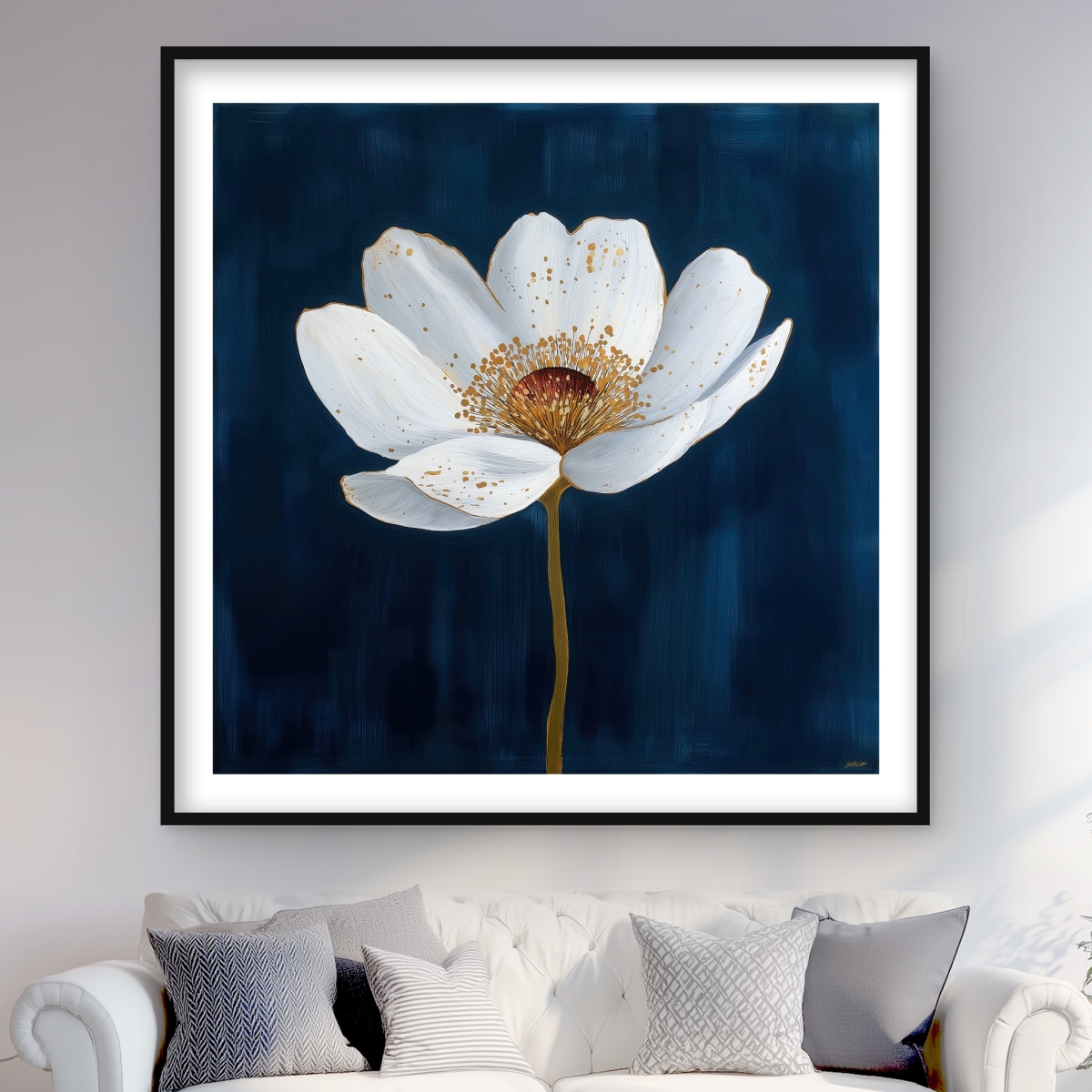 C1FM4848XFFXGE 48 x 48 in. White Flower on Blue - Floral Beige Framed Matted Print