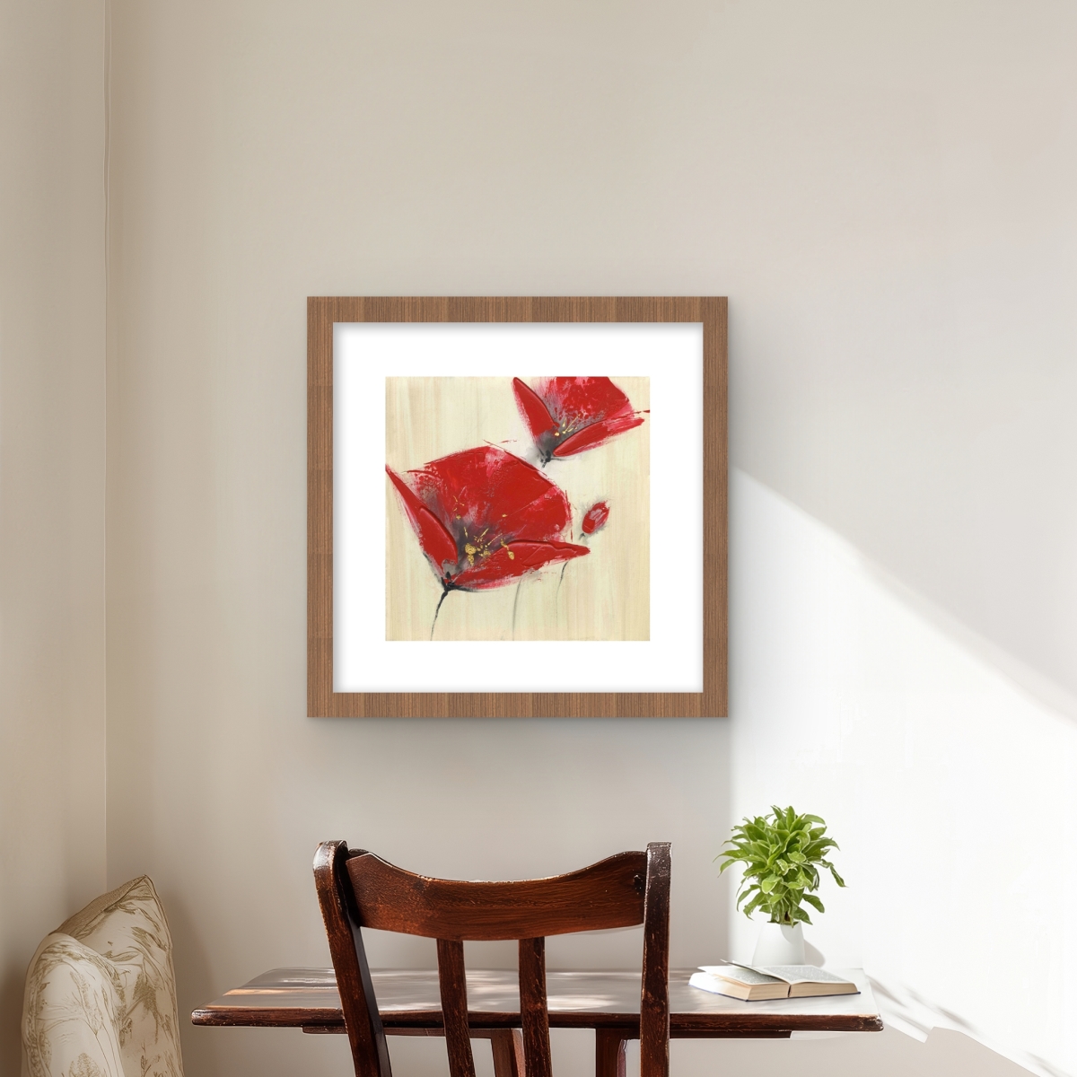 C1FM1616GVDOOS 16 x 16 in. Three Red Flowers with Texture - Romantic Framed Print Decor