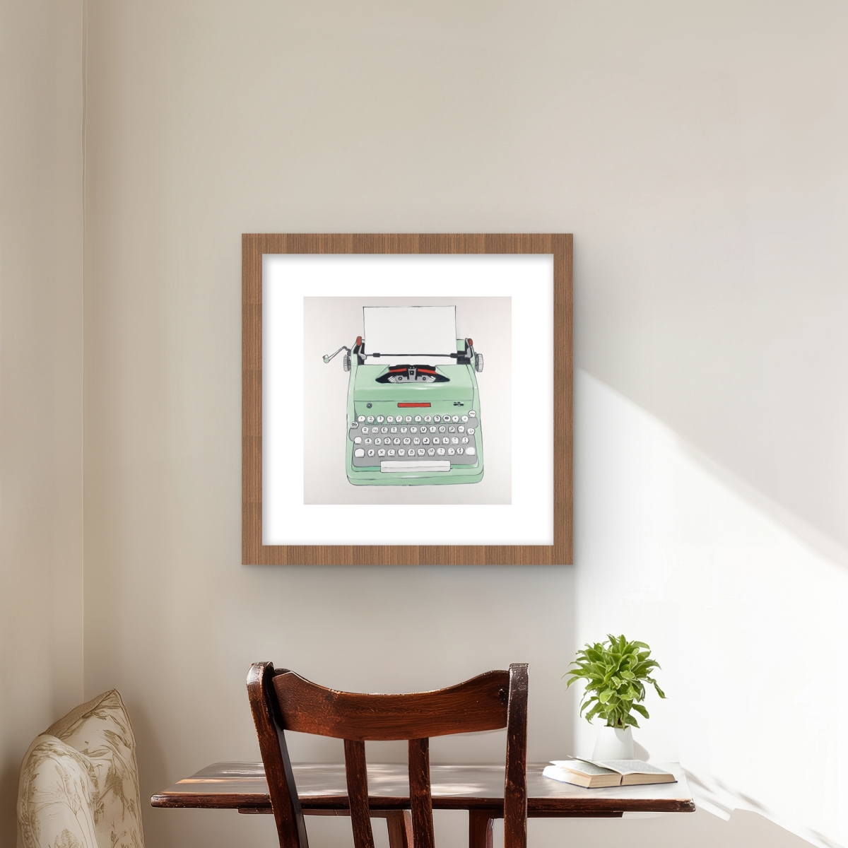 C1FM1616K5KNBL 16 x 16 in. Mint Typewriter - Framed Matted Print for Home Decor