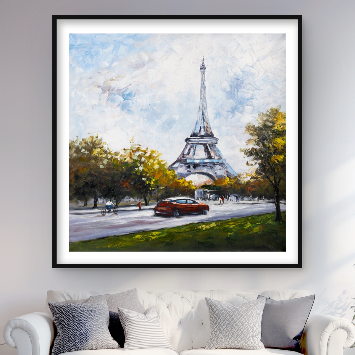 C1FM4848T2OB8D 48 x 48 in. Driving Near the Eiffel Tower - Modern Framed Print Decor