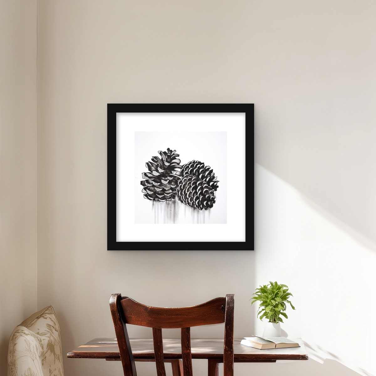 C1FM1616JM6Q95 16 x 16 in. Three Small Pine Cones - Still Life Bedroom Framed Print