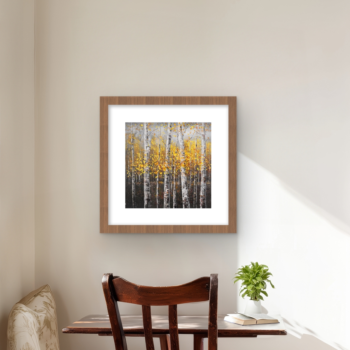 C1FM1616KSZTKW 16 x 16 in. Sunny Birch Trees - Framed Matted Print for Home Decor