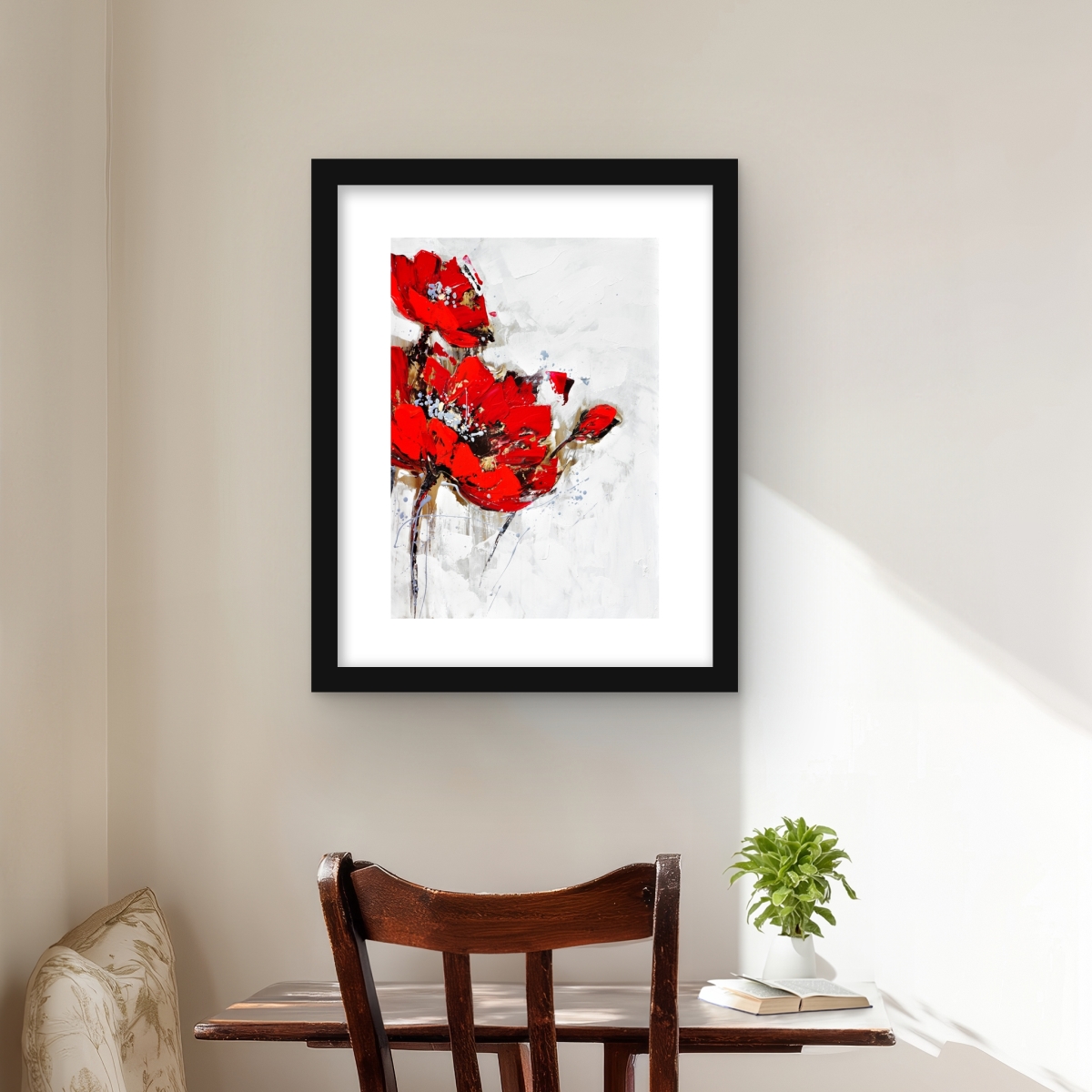 C1FM16209DGR8O 16 x 20 in. Abstract Red Flowers with Texture - Framed Botanical Print