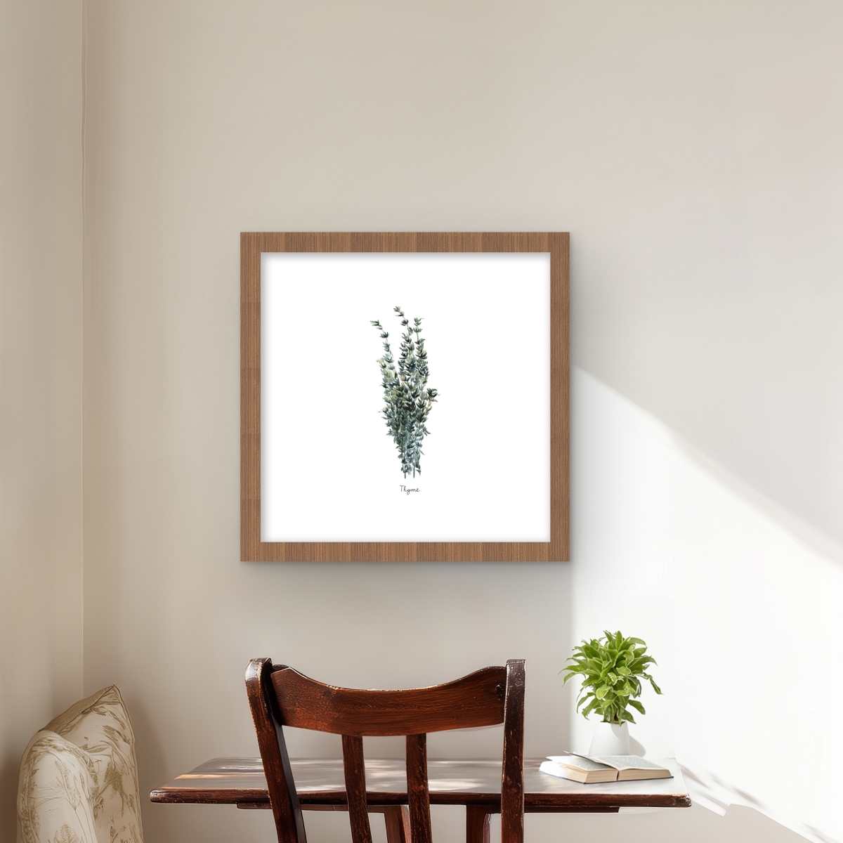 C1FM1616TOAOMU 16 x 16 in. Thyme Leaves Bundle - White Kitchen Framed Matted Print