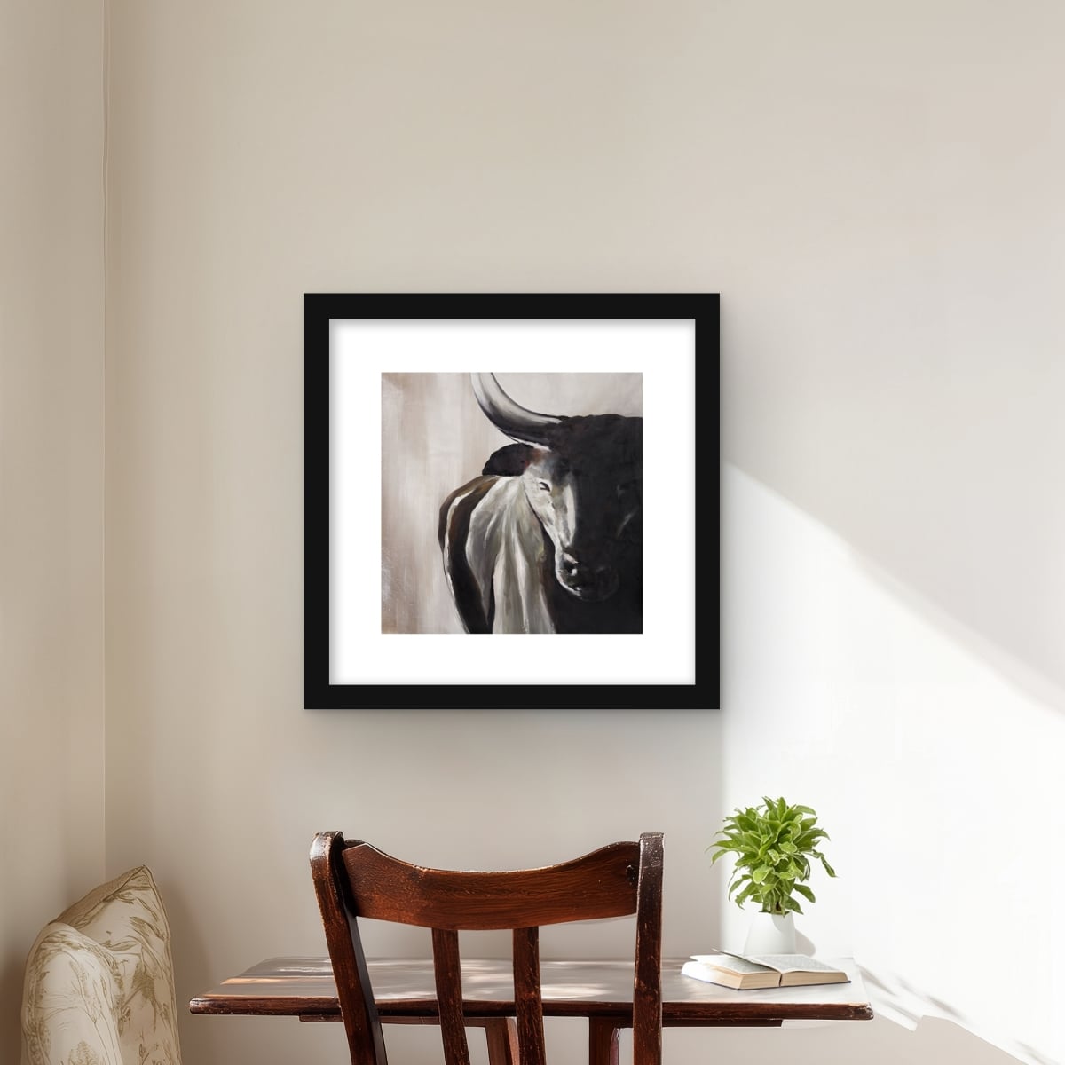 C1FM1616EY7DQ9 16 x 16 in. Bull Head Front View - Rustic Cow Framed Matted Print Decor