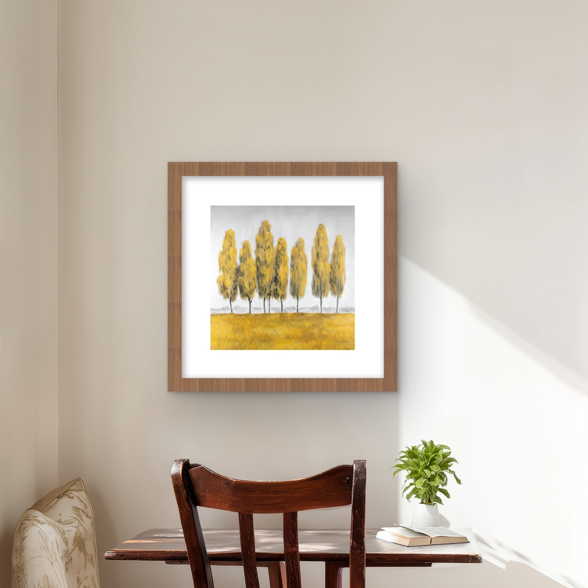 C1FM1616WID7Y2 16 x 16 in. Abstract Yellow Trees - Contemporary Framed Matted Print