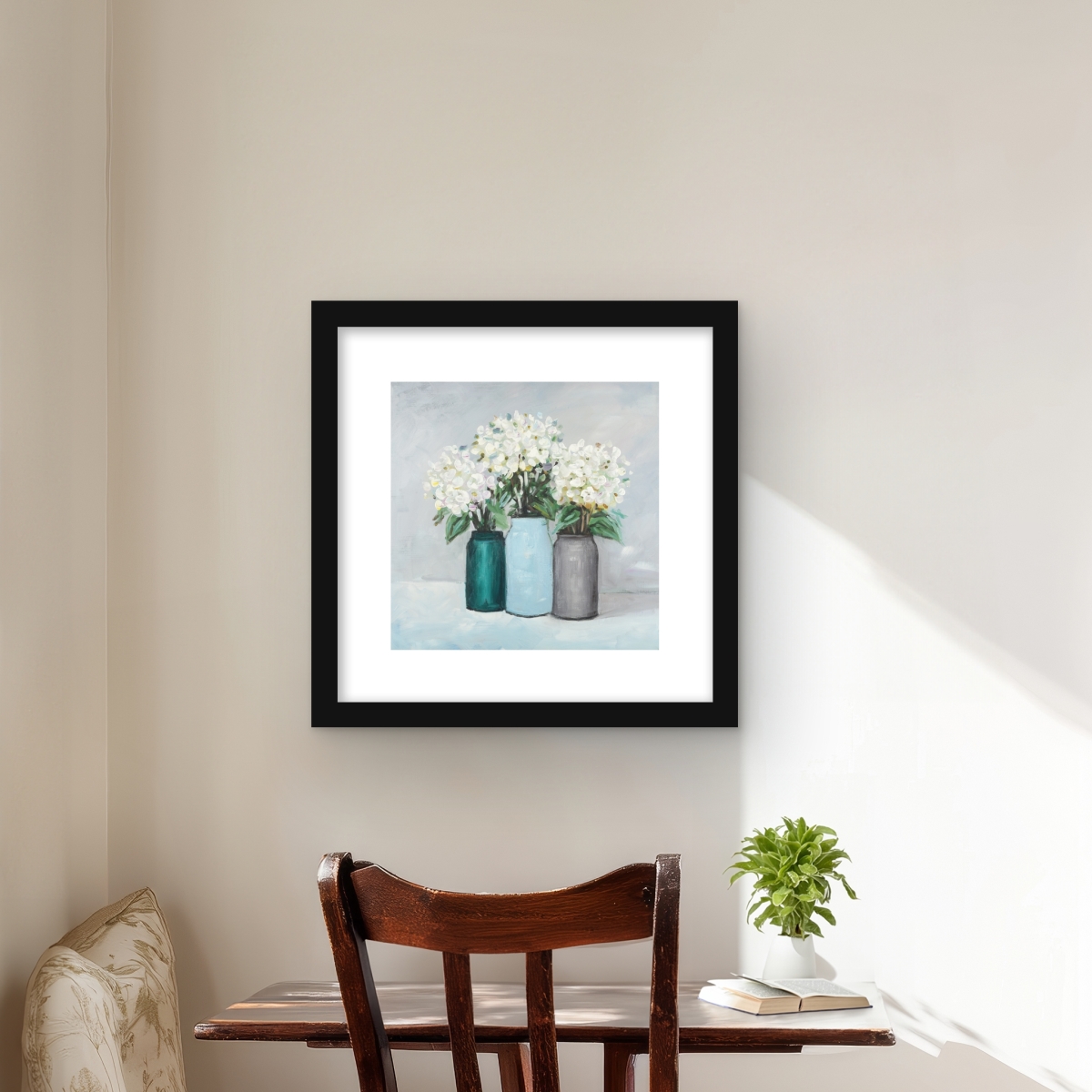 C1FM1616ECVS3S 16 x 16 in. Hydrangea Flowers in Blue Vases - Framed Botanical Print