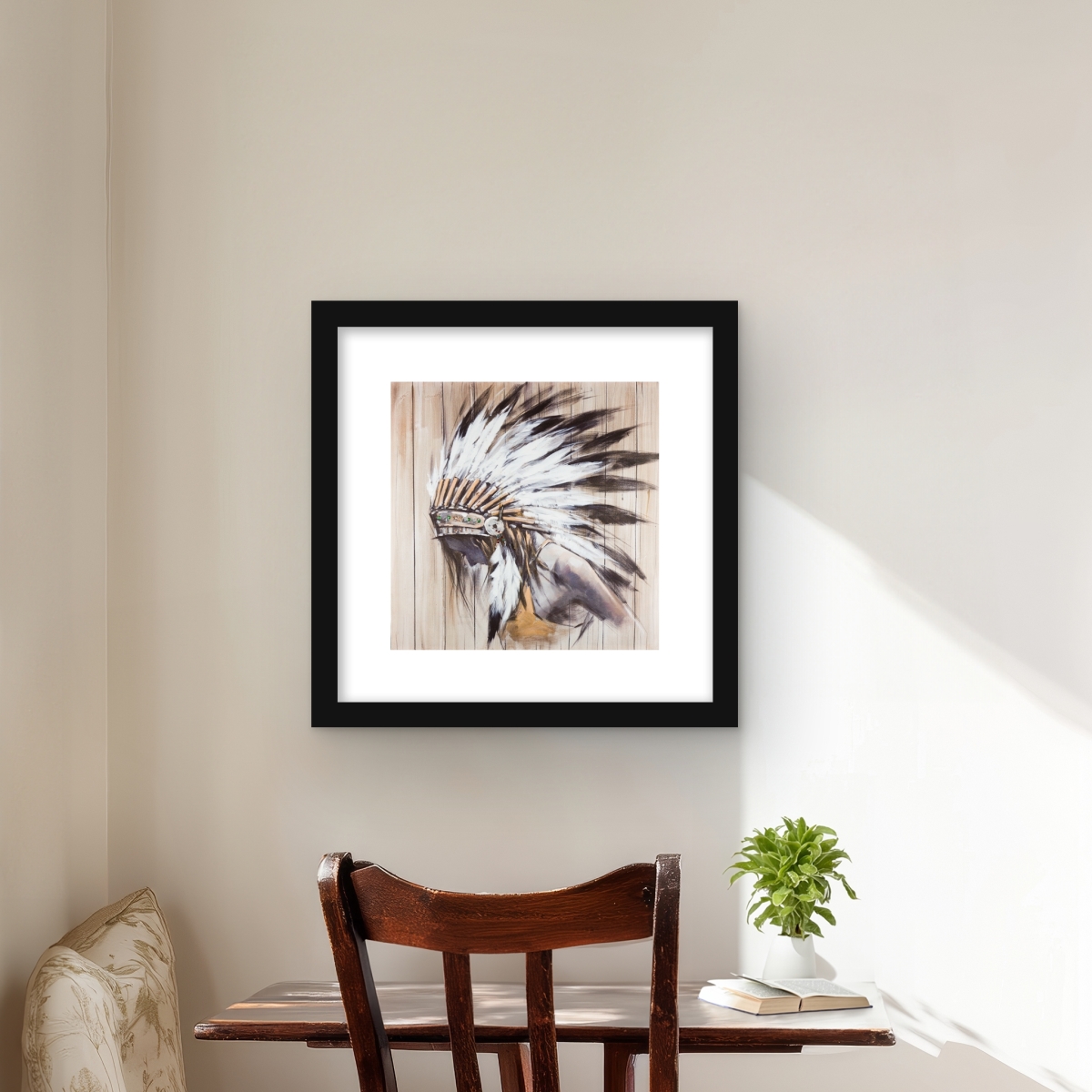 C1FM1616FP7LCU 16 x 16 in. Indian with Feathers - Framed Matted Print for Home Decor