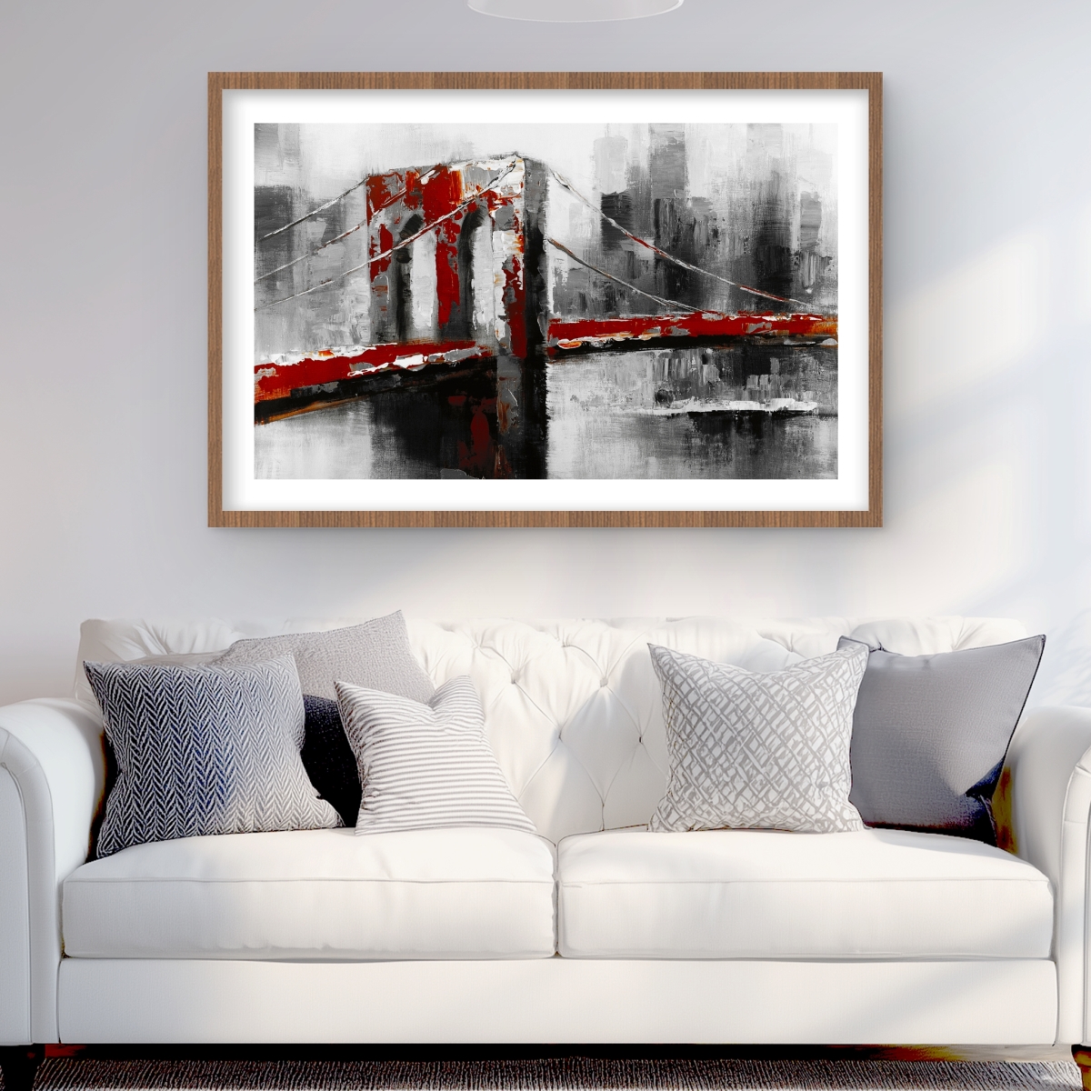 C1FM2436UZWUKD 24 x 36 in. Abstract & Red Brooklyn Bridge - Framed Matted Print Decor
