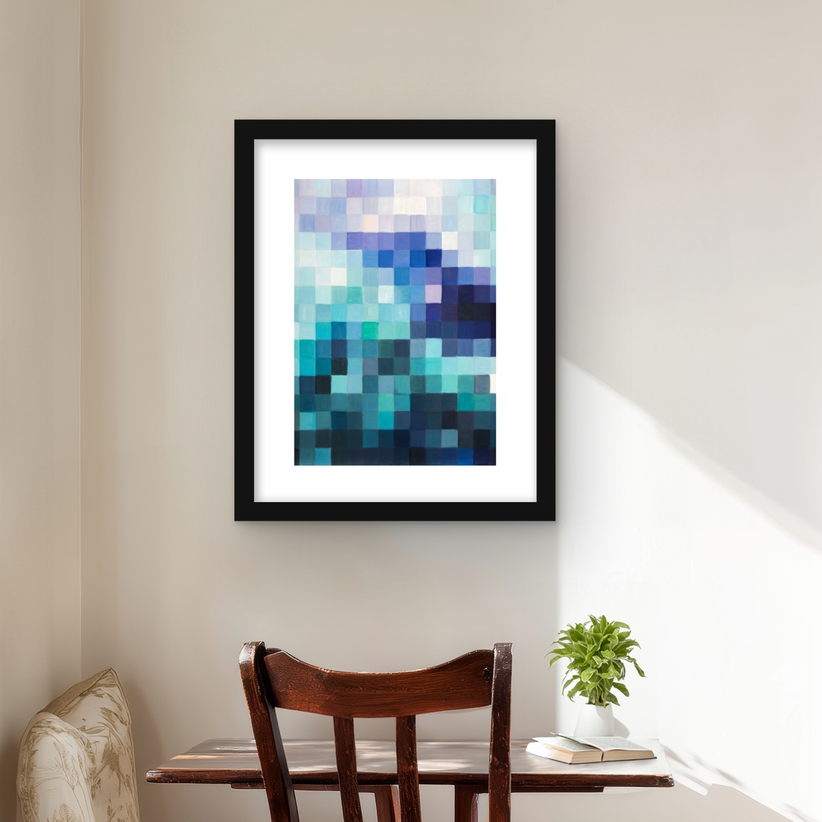 C1FM1620ICHIUV 16 x 20 in. Pixelized Landscape - Blue Shapes Framed Matted Print Decor