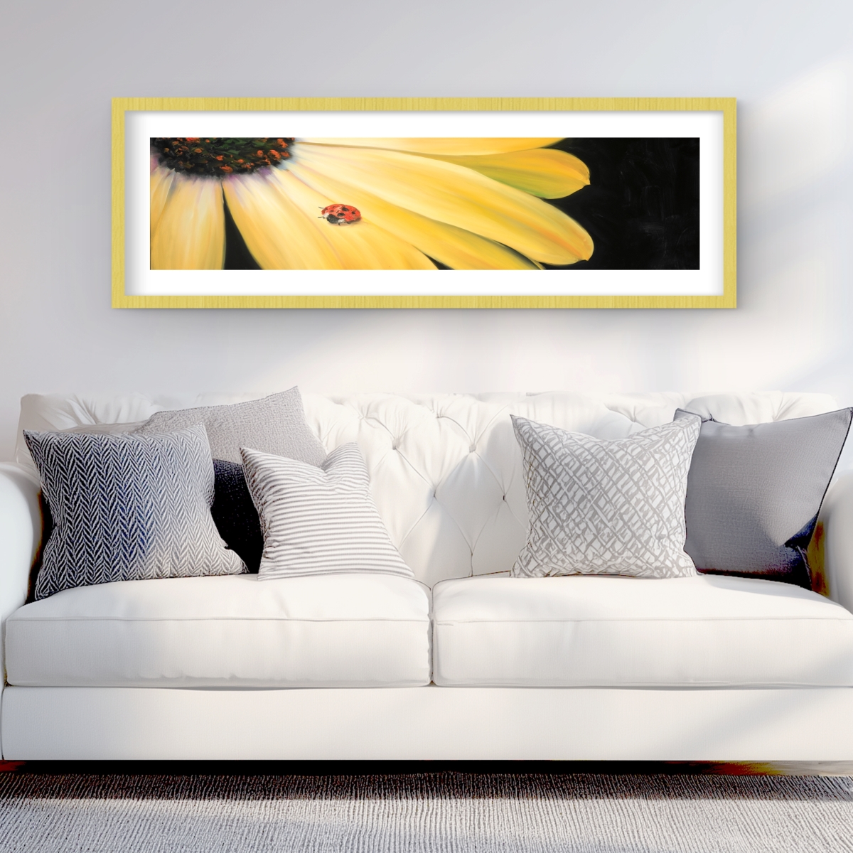 C1FM1648AZZ3FD 16 x 48 in. Yellow Daisy & Ladybug - Floral Framed Print for Decor