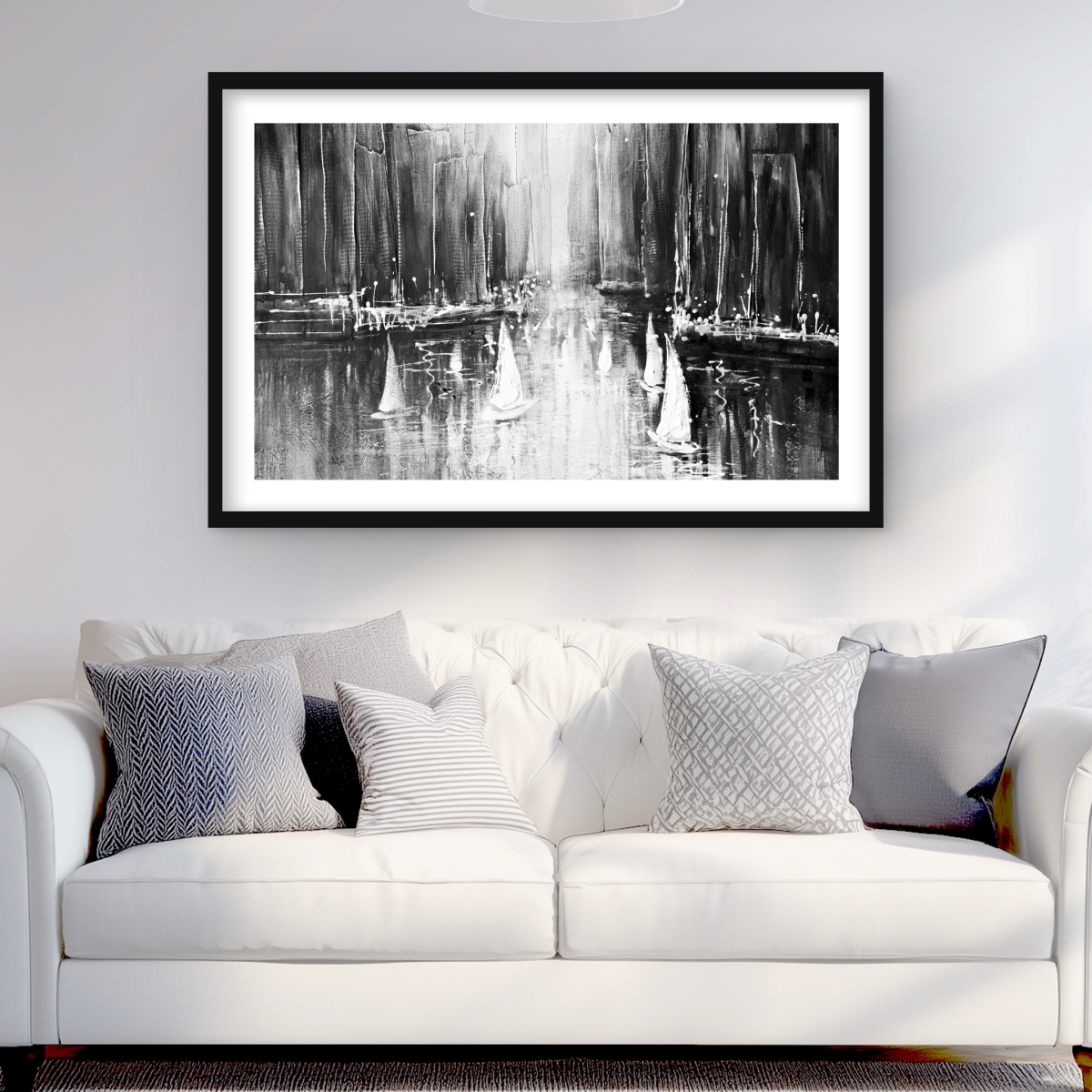 C1FM2436YH11FX 24 x 36 in. Grayscale Boats on the Water - Coastal Boat Framed Print