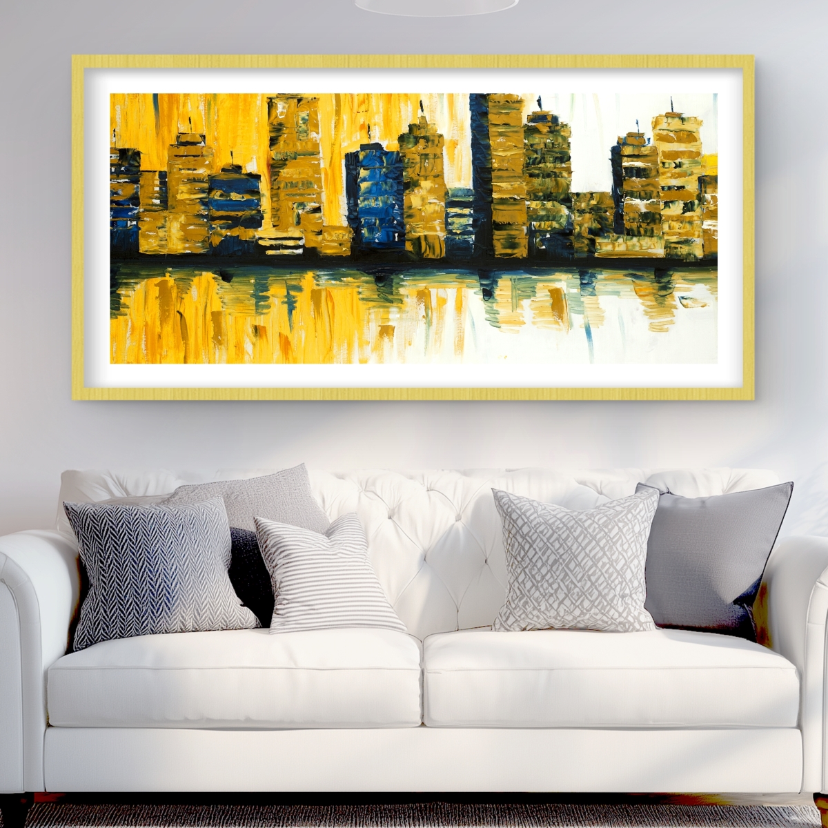 C1FM2448QL9E4E 24 x 48 in. Yellow Abstract Skyscrapers - Office Blue Framed Print Decor