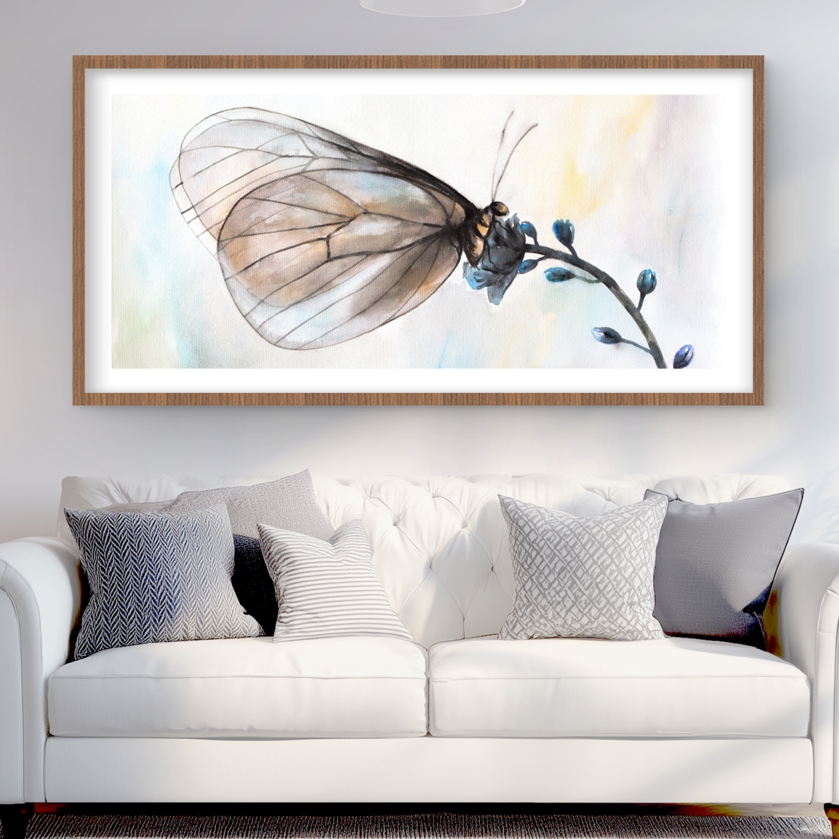 C1FM24485GJWQV 24 x 48 in. Butterfly on Blue Flowers - Romantic Bedroom Framed Print
