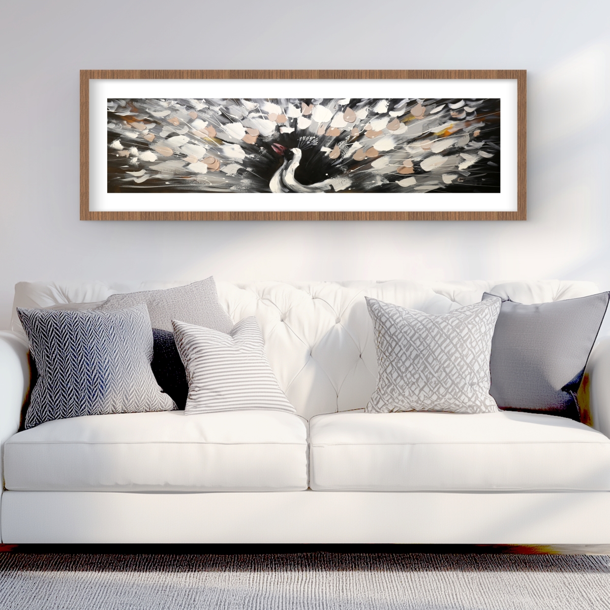 C1FM1648KV93PI 16 x 48 in. Spotted Abstract Peacock - Framed Matted Print - Home Decor