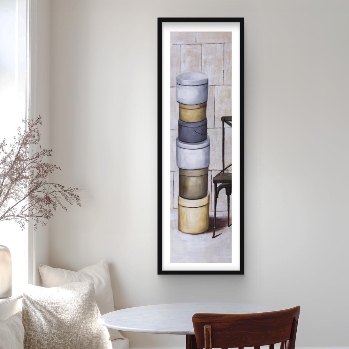 C1FM16483L0APP 16 x 48 in. Old Hat Boxes - Gray Office Framed Matted Print for Decor