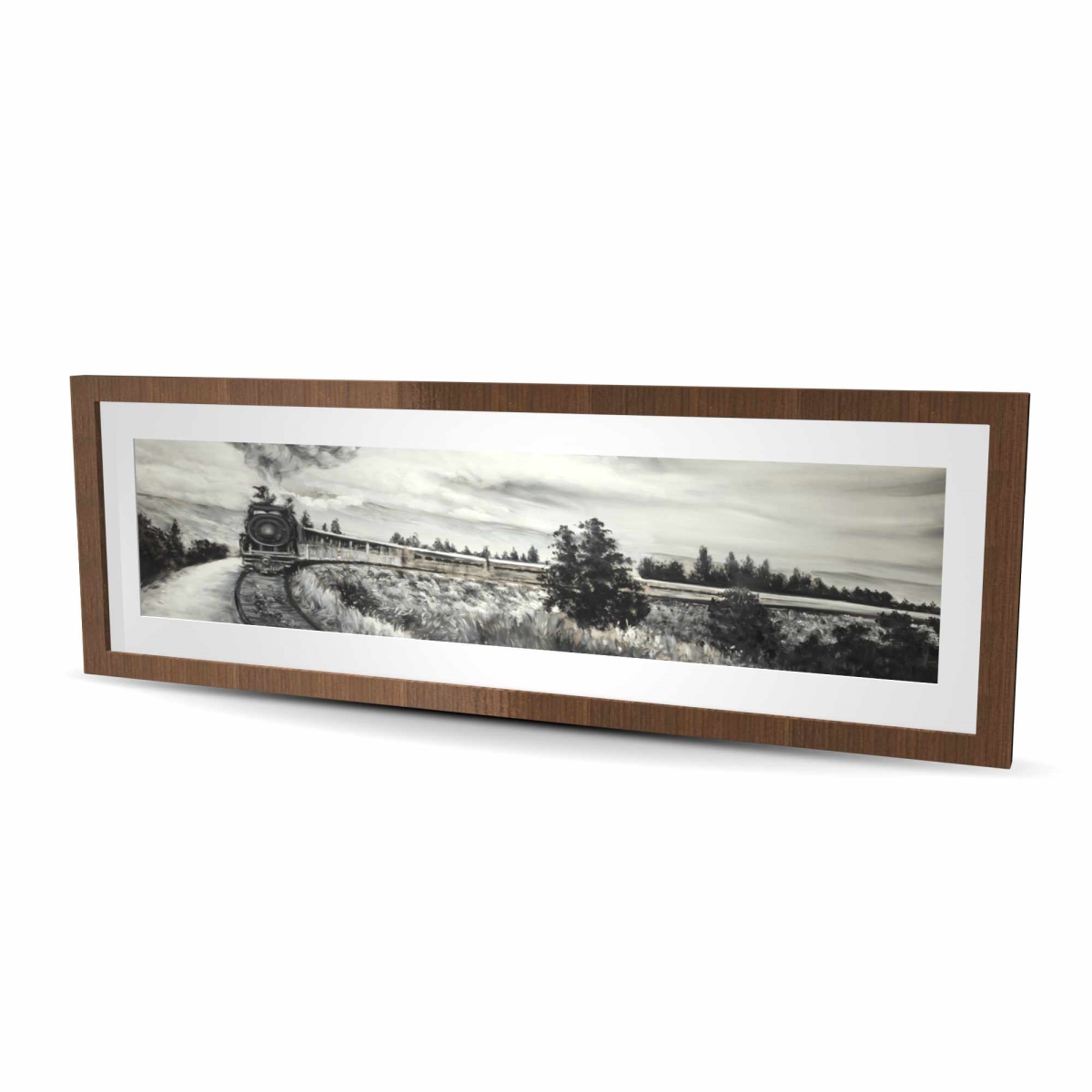 C1FM16484GI655 16 x 48 in. Steam Engine Train - Contemporary Gray Framed Matted Print