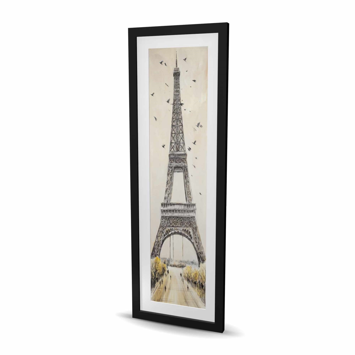 C1FM1648MQU5OC 16 x 48 in. Eiffel Tower with Flying Birds - Gray Framed Matted Print
