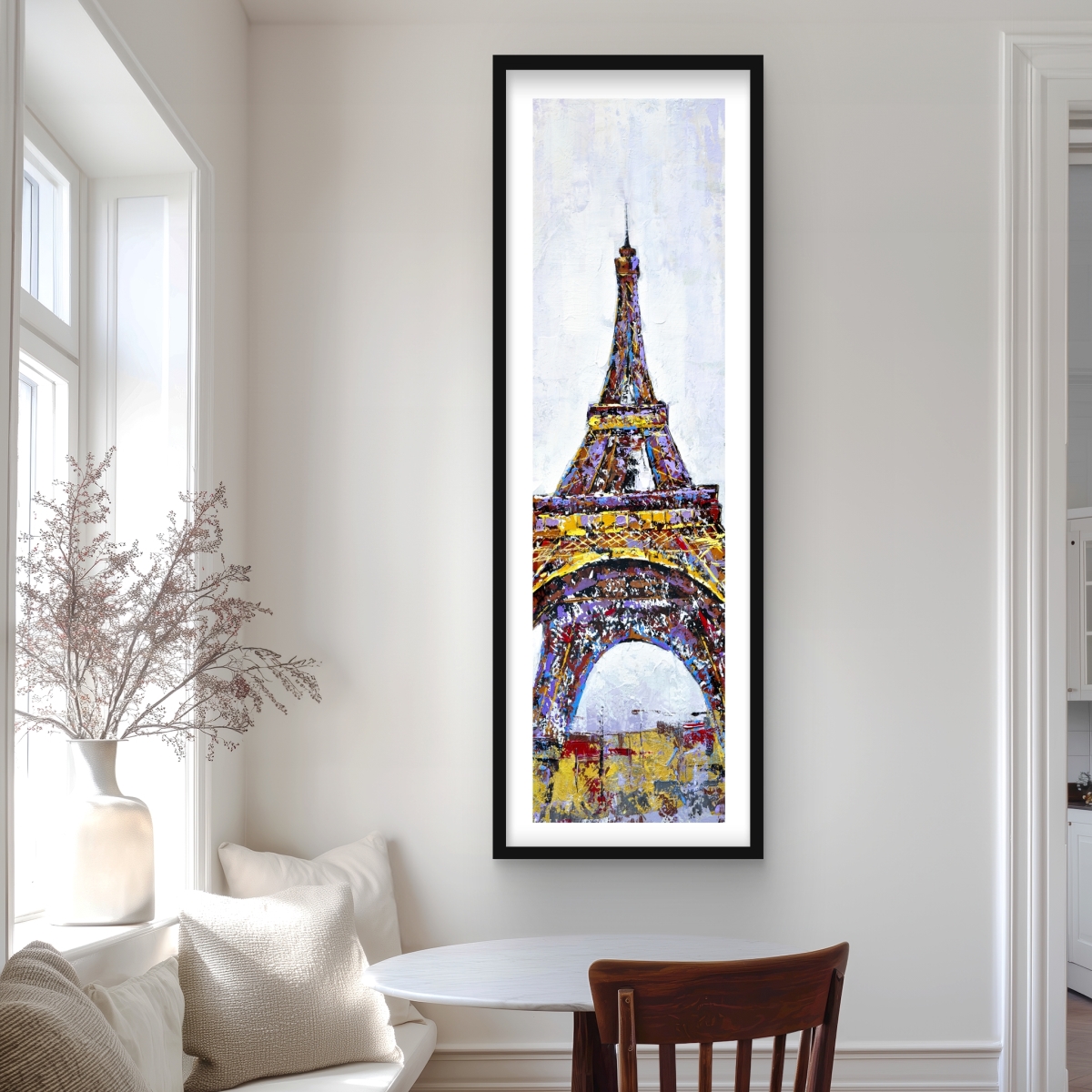 C1FM20607ZYLJN 20 x 60 in. Abstract Paint Splash Eiffel Tower - Yellow Framed Print