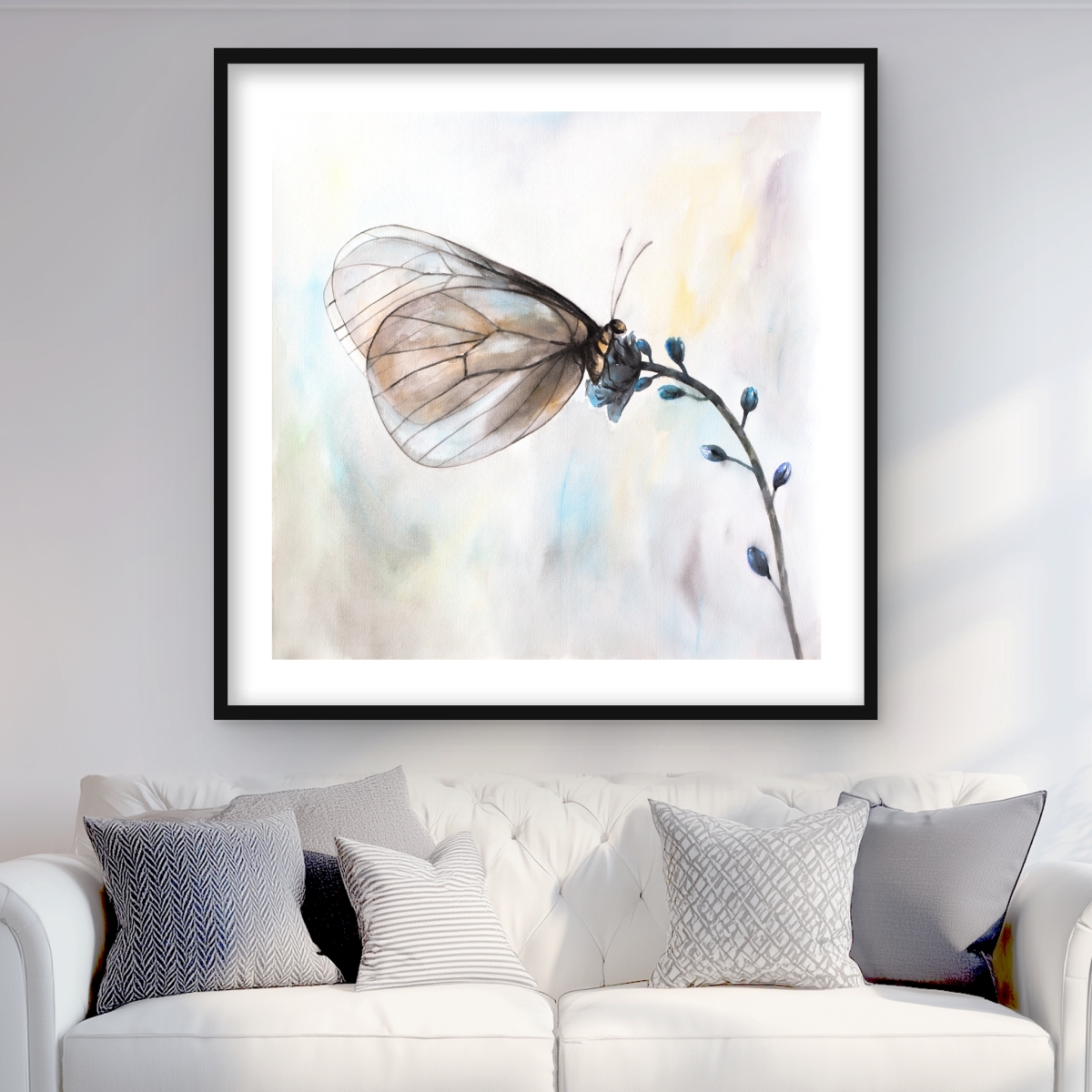 C1FM3636Q4OWND 36 x 36 in. Butterfly on Blue Flowers - Romantic Framed Matted Print