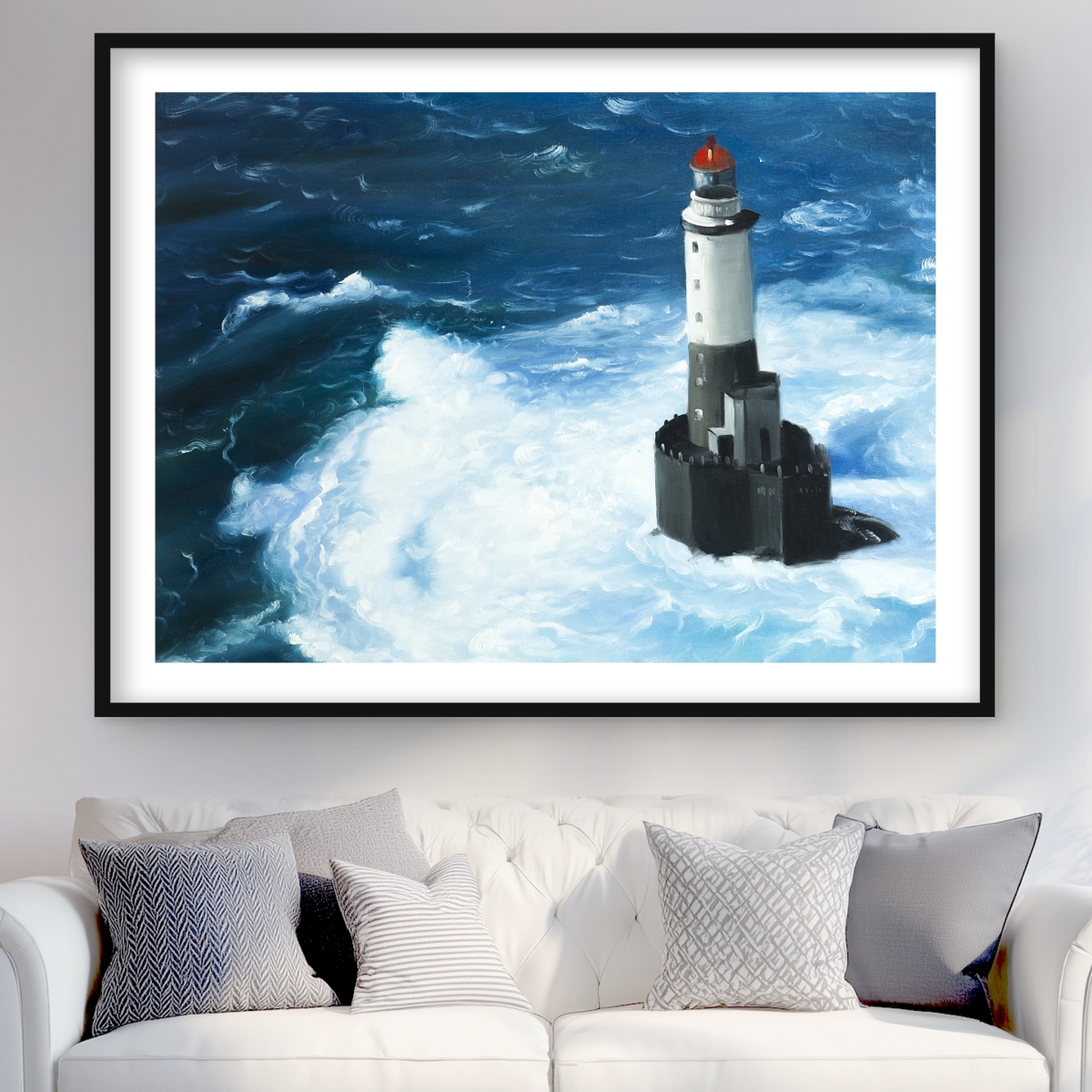C1FM36486KNLH9 36 x 48 in. Unleashed Waves on A Lighthouse - Hyperrealist Print Decor