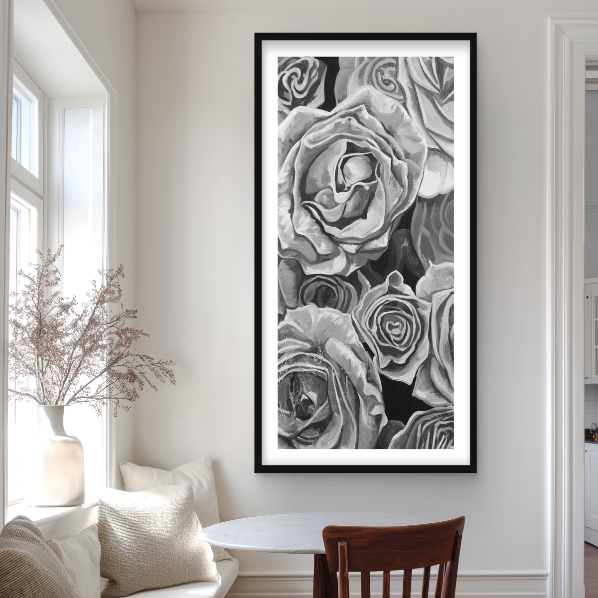 C1FM2448MHXH1R 24 x 48 in. Grayscale Roses - Black Floral Matted Print for Home Decor