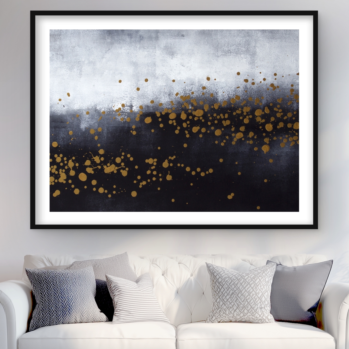 C1FM3648XKWXP5 36 x 48 in. Two Shades of Gray with Gold Dots - Framed Abstract Print