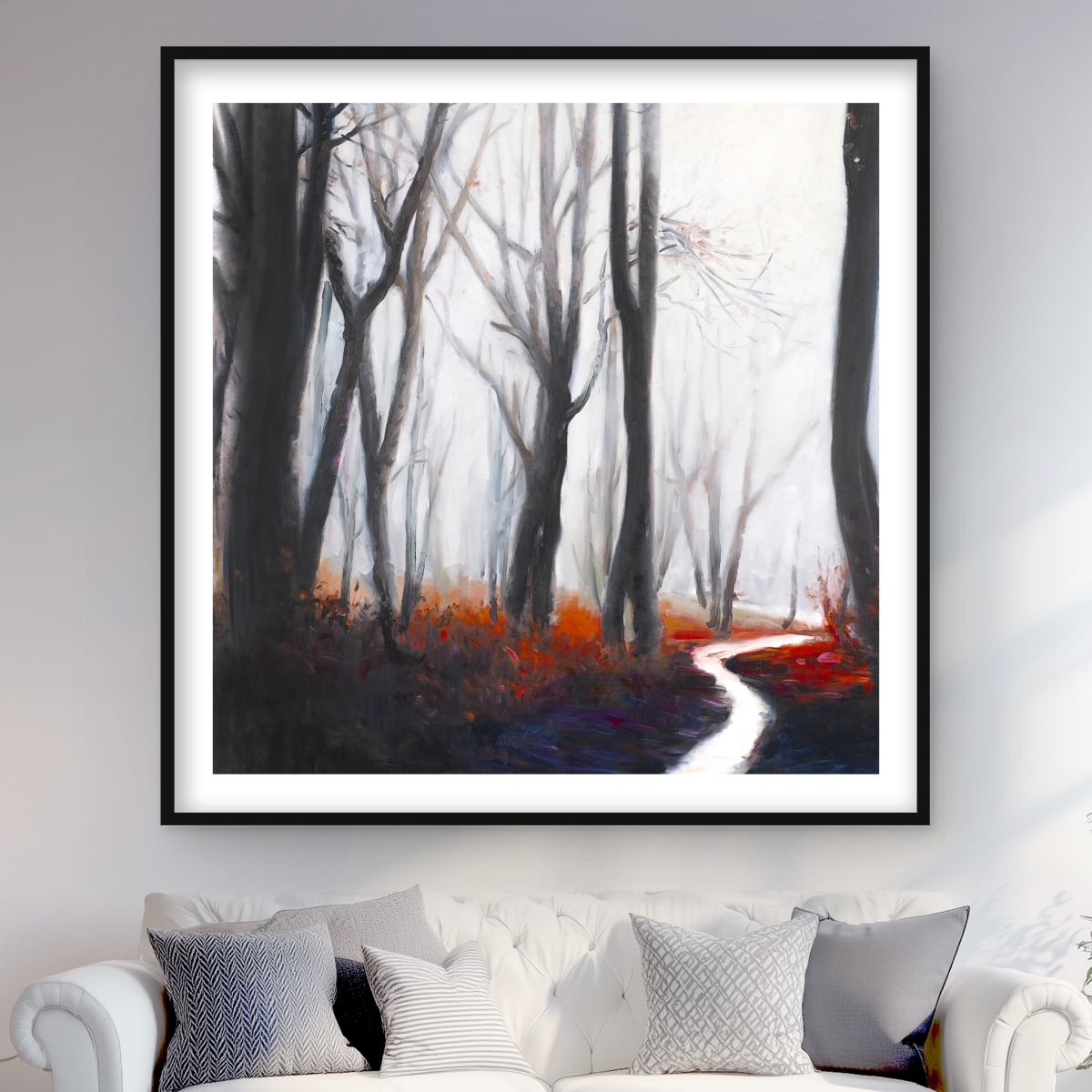 C1FM48481S6EMN 48 x 48 in. Mysterious Forest with Stream - Seasons Red Framed Print