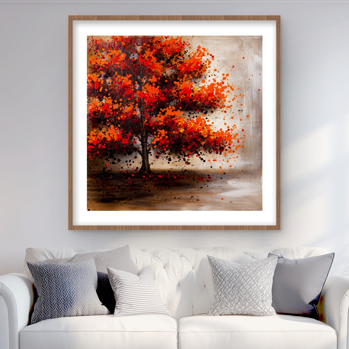 C1FM3636INXS6J 36 x 36 in. Tree with Dotted Leaves - Orange Framed Matted Print - Decor
