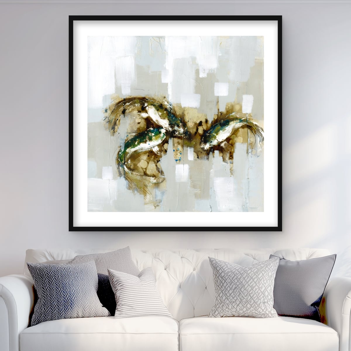 C1FM3636WJJYED 36 x 36 in. Three Abstract Koi Fish - Framed Matted Print for Home Decor