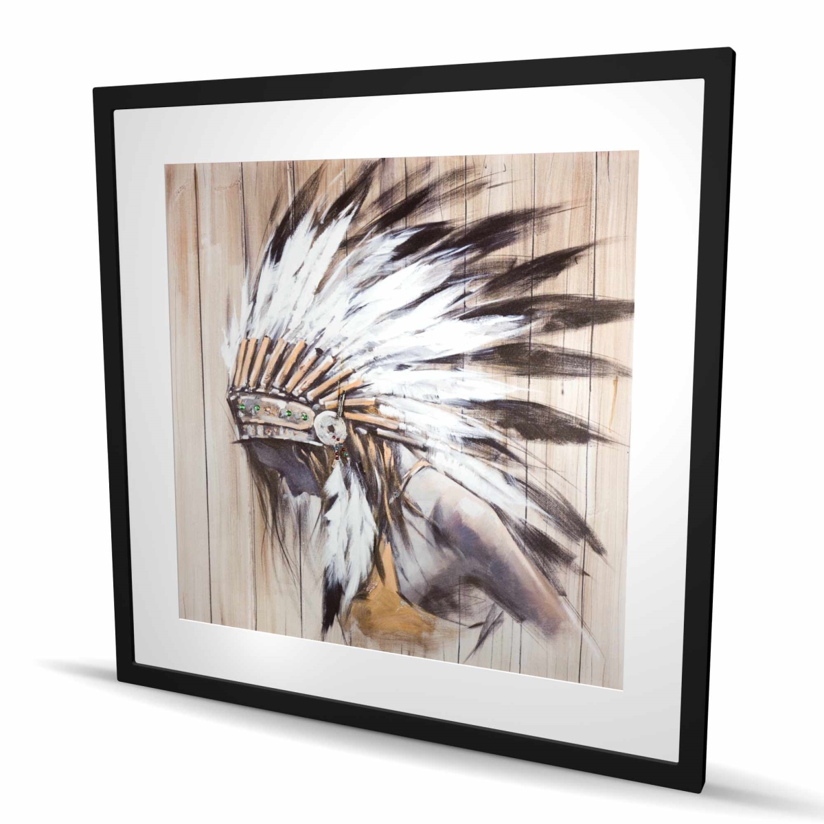 C1FM3636LU1TW0 36 x 36 in. Indian with Feathers - Framed Matted Print for Home Decor