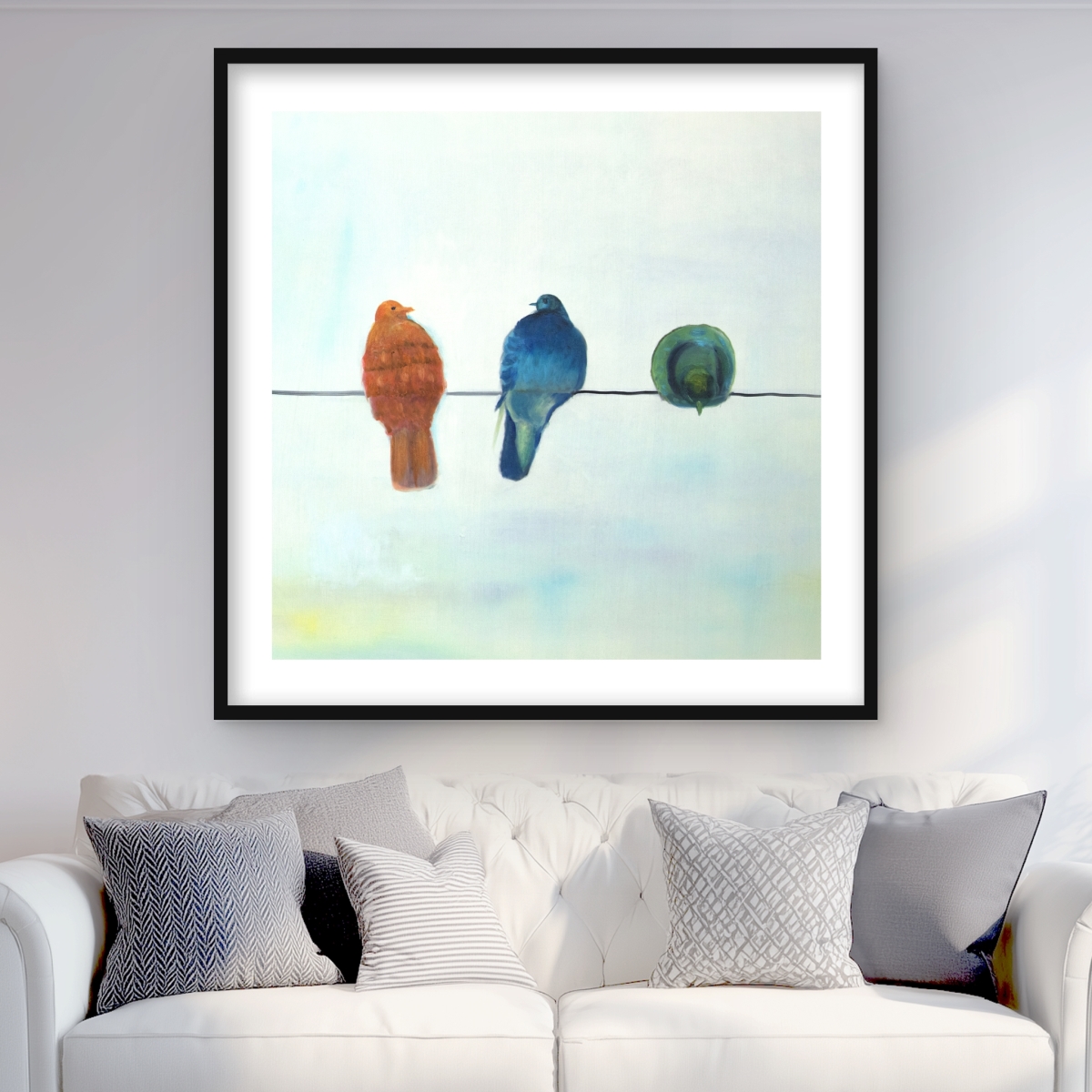 C1FM3636WB51YC 36 x 36 in. Perched Abstract Birds - Blue Bird Framed Matted Print Decor