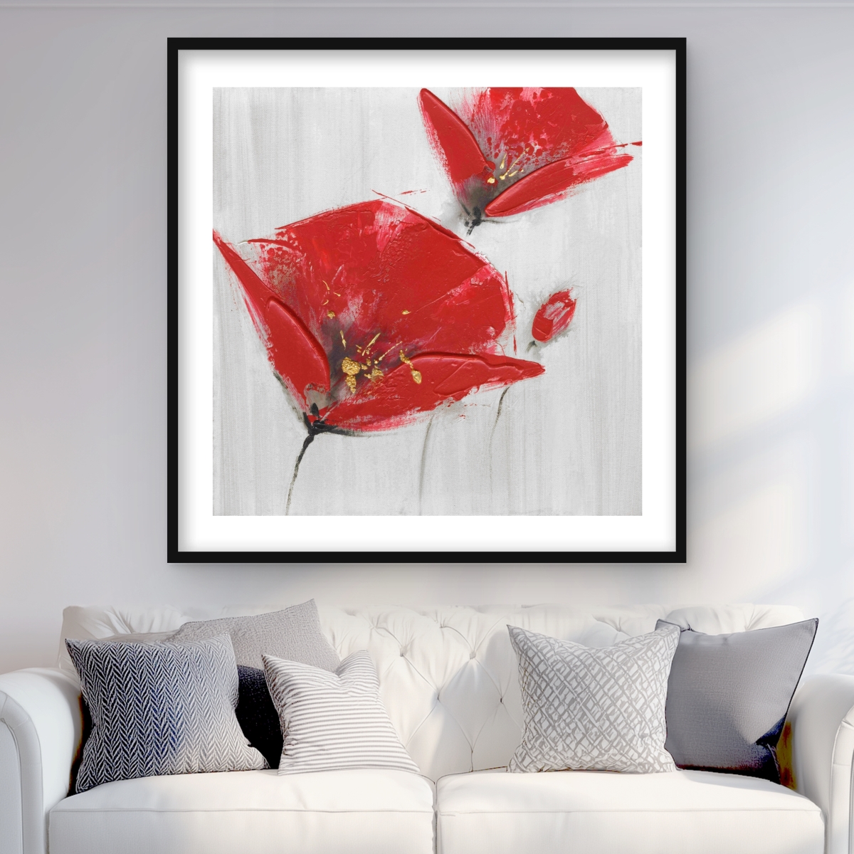 C1FM3636O07JE5 36 x 36 in. Three Red Flowers with Golden Center - Gray Floral Print