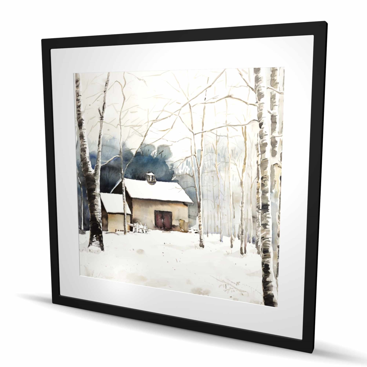 C1FM36363AZNKB 36 x 36 in. Small Winter Barn - Framed Matted Print for Home Decor