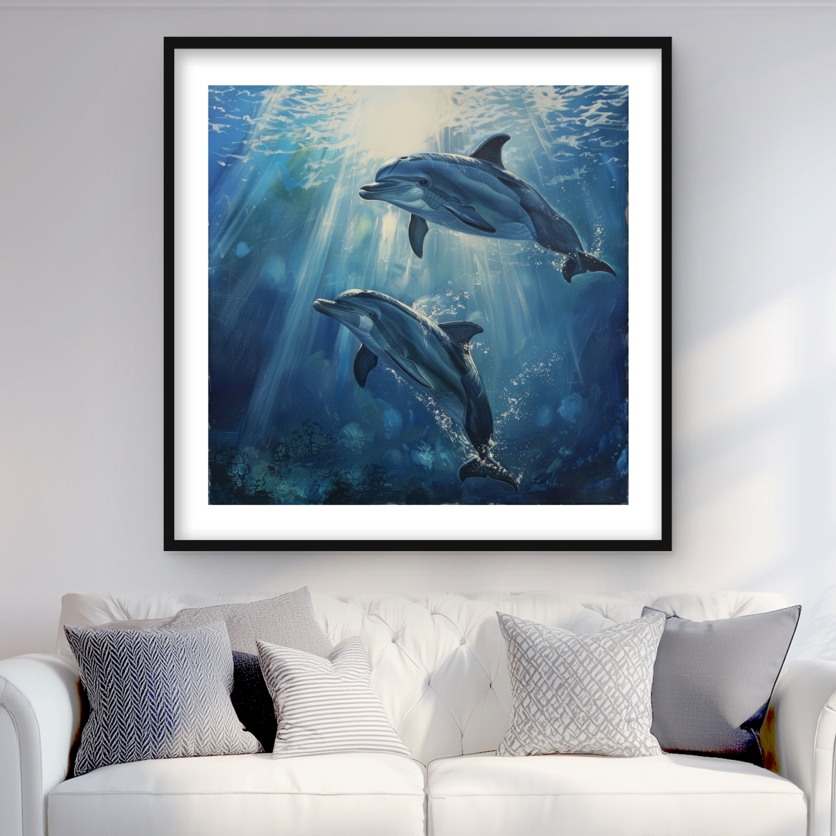 C1FM363687GA3X 36 x 36 in. Two Dolphins Purple Framed Matted Print - Home Decor Art