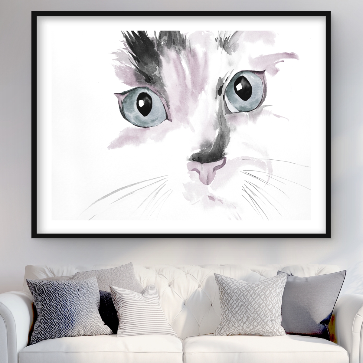 C1FM36486V3TSB 36 x 48 in. Cat Watercolor Print - Pink Framed Matted Art for Kids Room